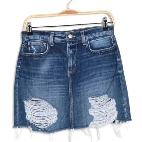 L’AGENCE Jolene Denim Raw Edge Mini Skirt Destructed Newberry Blue - Picture 7 of 9